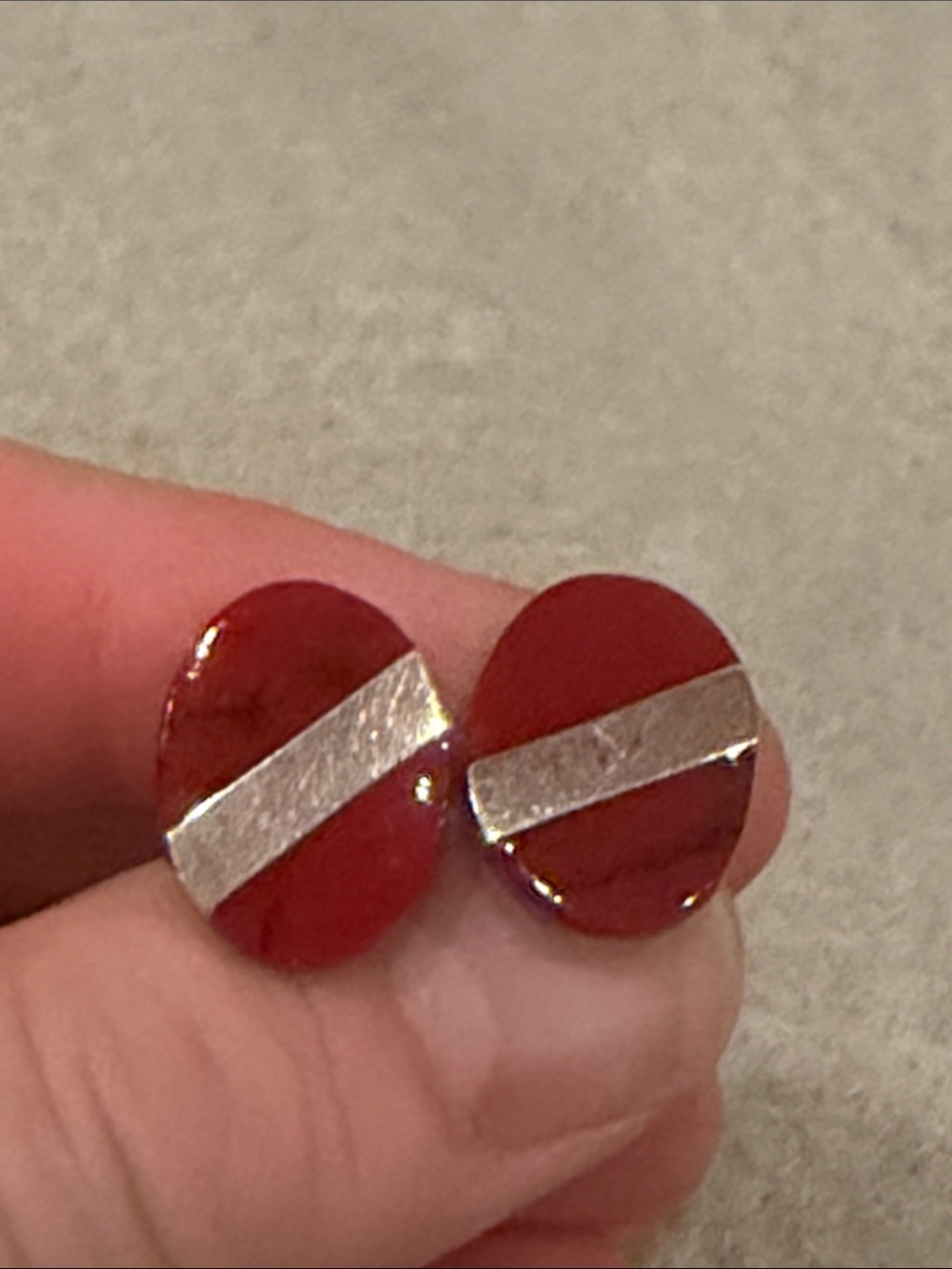 Men's Red Oval Cuff Links with Silver Diagonal Accent
